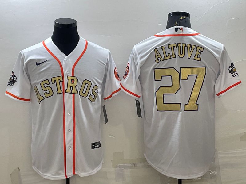 Men Houston Astros #27 Altuve White Champion Gold Game Nike 2022 MLB Jersey->houston astros->MLB Jersey